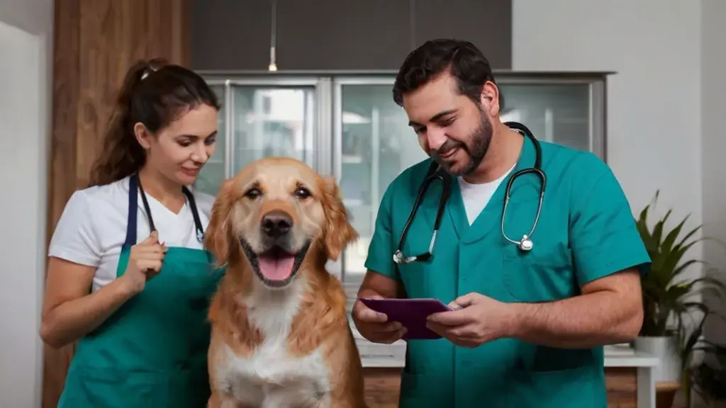 Dois veterinários posando com um cão no consultório